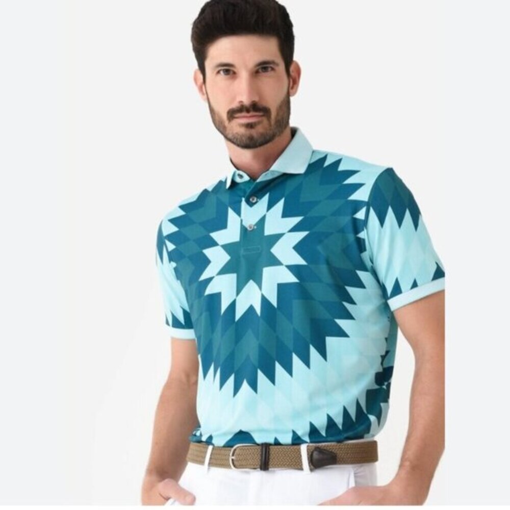 Greyson Geometric Print Golf Polo Shirt Men’s Large Turquoise Green